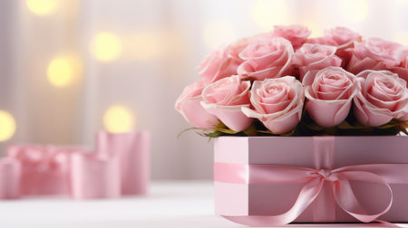 A stunning arrangement of pink roses in a gift box with a ribbon, set against a backdrop of soft bokeh lights, perfect for celebrations and romantic momentsの素材
