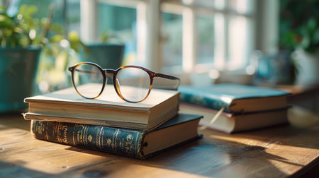 Stacked vintage books on a wooden table with round glasses, surrounded by plants and soft natural light, inviting a warm and cozy reading environmentの素材