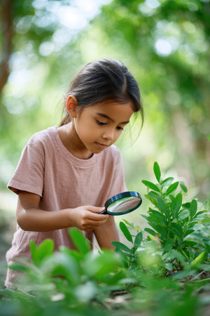 Child with long hair is closely examining green foliage using a magnifying glass, surrounded by vibrant plants in a natural outdoor setting, embodying exploration and learning. back to schoolの素材