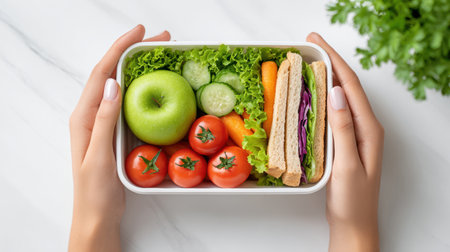 Hands present a lunchbox containing vibrant vegetables, green apple, tomatoes, and sandwiches, emphasizing nutritious meal choices and healthy lifestyle. back to schoolの素材
