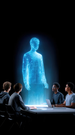 Diverse group of individuals in a modern workspace, observing a holographic figure projected above a table, highlighting innovation and teamwork. back to schoolの素材