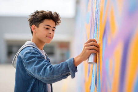 Male teenager is engaged in spray painting a colorful mural on a wall, demonstrating artistic expression and creativity in an urban environment. back to schoolの素材