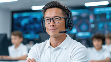 Confident male educator with headset is smiling in a contemporary classroom, with students focused on their tasks, highlighting an interactive learning atmosphere. back to schoolの素材