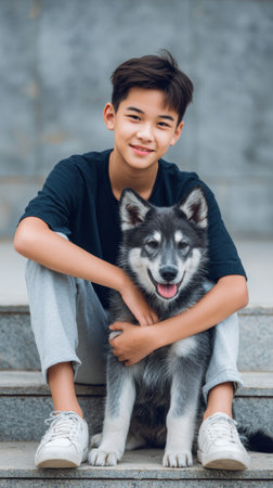 Asian boy is sitting on steps with a Siberian Husky dog, displaying a joyful connection between child and pet in a casual outdoor environment. back to schoolの素材