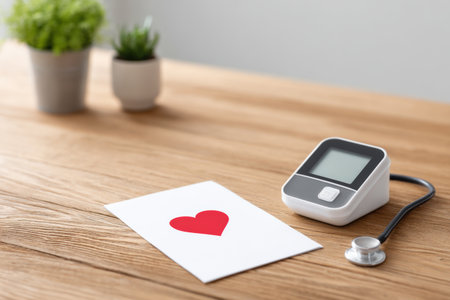 Digital blood pressure monitor and stethoscope on wooden table, accompanied by heart illustration and potted plants, promoting health and wellness. cardiologyの素材