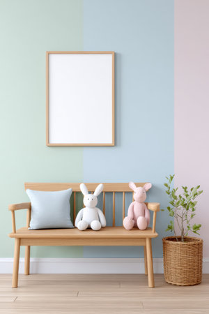 Interior design showcasing a wooden bench with plush toys, pastel wall colors, and a blank frame, creating a cozy and inviting space for relaxation and decor inspiration. cardiologyの素材