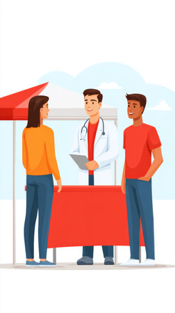 Medical professional in white coat interacts with two people at health booth, sharing wellness information in a vibrant outdoor environment with clear skies. cardiologyの素材