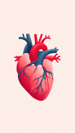 Vibrant anatomical heart illustration featuring intricate veins and arteries, showing artistic design and colors, ideal for educational or medical contexts. cardiologyの素材