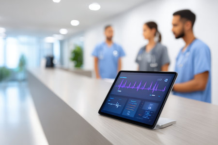 Healthcare workers in scrubs are analyzing patient information on a tablet at a sleek medical facility, highlighting the integration of technology in healthcare. cardiologyの素材