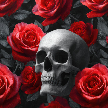 A skull is artistically placed among lush red roses, set against a dark backdrop, evoking themes of mortality and beauty in a dramatic visual narrative. Helloweenの素材