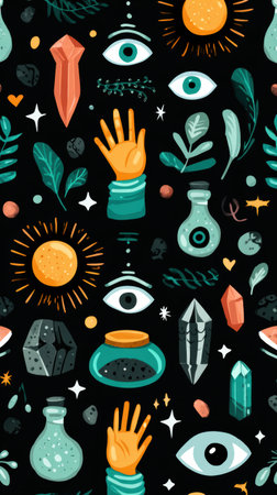 Vibrant flat illustration showcases mystical elements including crystals, plants, and suns, arranged in a captivating pattern for creative projects and designs. Helloweenの素材