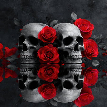 Two skulls with red roses are placed on a reflective surface, creating a dramatic visual effect, highlighting themes of life, death, and beauty in a dark ambiance. Helloweenの素材