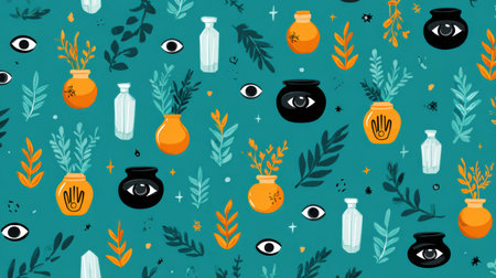 Vibrant flat illustration showcases diverse plants and decorative vases with mystical eyes, set against a teal background, evoking a whimsical and enchanting vibe. Helloweenの素材