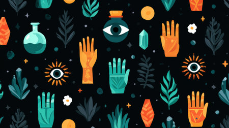 Flat illustration showcases various hands, plants, crystals, and mystical elements on a dark backdrop, providing a captivating and imaginative design resource. Helloweenの素材