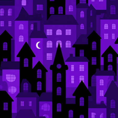 Whimsical houses in diverse shapes and sizes illustrated against a rich purple backdrop, featuring a crescent moon, evoking a dreamy nighttime scene. Helloweenの素材