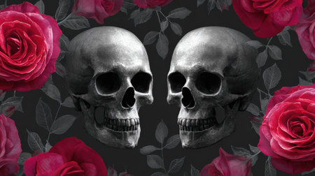 Two skulls are symmetrically placed against a dark backdrop, surrounded by lush red roses, illustrating the juxtaposition of life and death in a captivating visual. Helloweenの素材