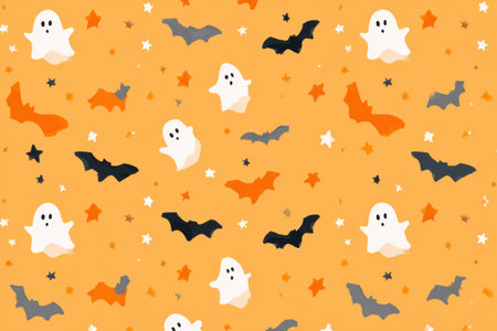 Flat illustration showing whimsical ghosts, bats, and stars scattered across an orange backdrop, ideal for Halloween-themed projects and creative designs. Helloweenの素材