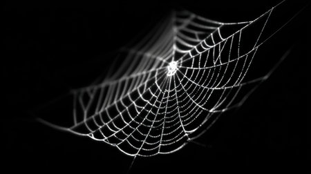 Detailed spider web adorned with tiny dew drops, suspended in darkness, highlighting intricate designs and natural beauty, evoking a sense of wonder and elegance. Helloweenの素材