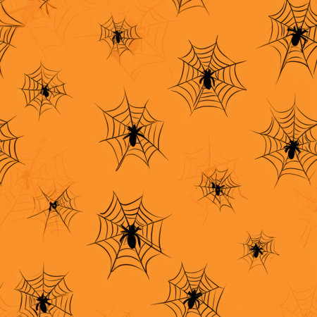Intricate black spider webs on a bright orange backdrop form a captivating pattern, ideal for festive projects and seasonal artwork showing Halloween spirit. Helloweenの素材