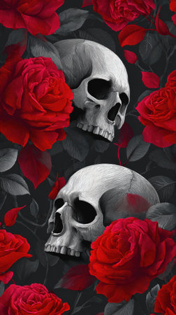 Illustration showcases two intricately designed skulls entwined with lush red roses against a dark backdrop, symbolizing the juxtaposition of beauty and mortality. Helloweenの素材