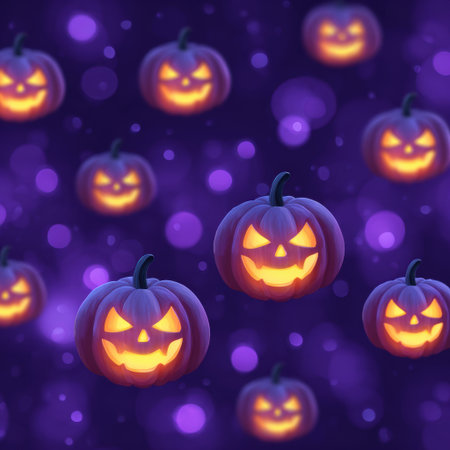 Colorful Halloween illustration showcases glowing jack-o'-lanterns with playful faces, set against a rich purple backdrop, enhancing the festive spirit of the season. Helloweenの素材