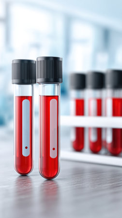 Test tubes containing red liquid are arranged on a wooden surface, highlighting laboratory equipment and the significance of blood testing in medical diagnostics. Cancerの素材