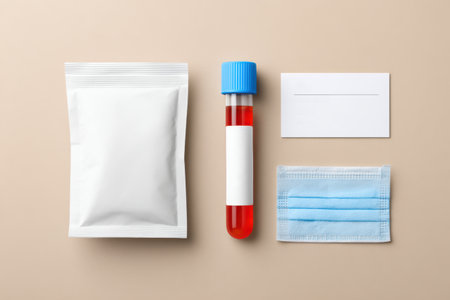 Healthcare supplies displayed on a neutral surface, including a blood sample tube, surgical mask, blank card, and sealed packet, representing medical testing essentials. Cancerの素材