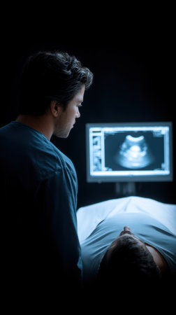 Male medical professional in scrubs is attentively observing ultrasound scan on monitor, while patient rests on examination table, highlighting healthcare setting and technology. Cancerの素材