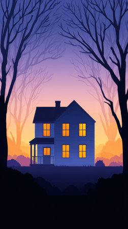 Solitary house illustration with glowing windows, framed by dark trees, set against a vibrant sunset sky, evoking a sense of mystery and tranquility. halloweenの素材