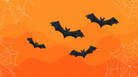 Bats soar against an orange backdrop adorned with spider webs, evoking a festive Halloween spirit, ideal for seasonal projects and creative designs. halloweenの素材
