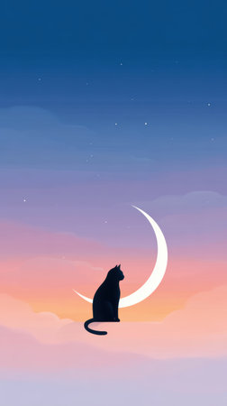 Silhouette of a black cat perched on a crescent moon, surrounded by a vibrant twilight sky with soft clouds and sparkling stars, evoking tranquility and wonder. halloweenの素材