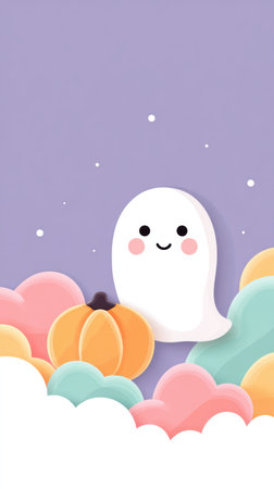 Adorable ghost illustration with a cheerful expression, nestled among soft pastel clouds and pumpkins, perfect for Halloween-themed projects and decorations. halloweenの素材