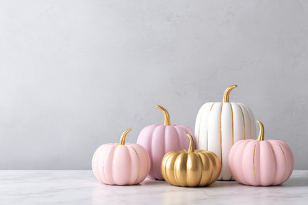 A collection of decorative pumpkins in soft pastel colors, including pink and white with gold accents, arranged on a marble surface, enhancing seasonal decor. halloweenの素材