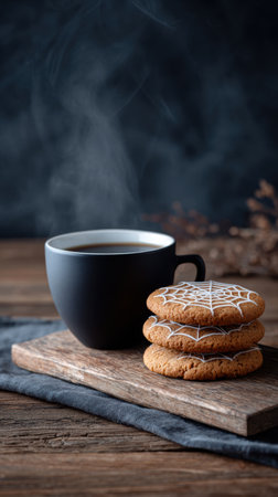 Black coffee cup with steam next to three spider web iced cookies on a wooden board, evoking warmth and comfort in a rustic setting. halloweenの素材
