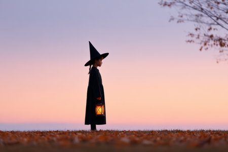 Child in witch costume holds lantern while standing on grass, with autumn leaves scattered around and a beautiful sunset creating a magical atmosphere. halloweenの素材