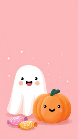 Adorable ghost with a happy face next to a cheerful pumpkin and vibrant candies on a pastel pink backdrop, evoking a playful Halloween spirit. halloweenの素材