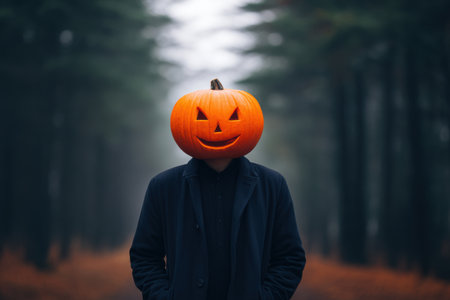 Individual with a pumpkin head is positioned in a foggy forest, with vibrant autumn leaves on the ground, evoking a playful yet spooky Halloween vibe. halloweenの素材