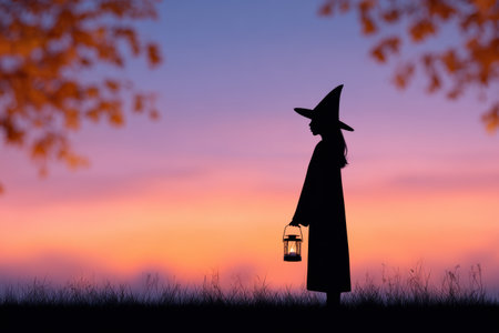 Young girl in witch hat, holding lantern, stands on grassy hill with vibrant sunset sky, creating a magical and mysterious atmosphere. halloweenの素材