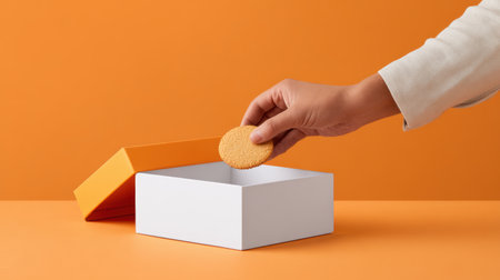 A hand is placing a round cookie into a white box with an orange lid against a bright orange backdrop, creating a cheerful and inviting scene. halloweenの素材