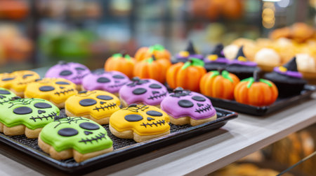 Halloween cookies in vibrant colors, shaped like skulls and pumpkins, beautifully arranged on a display tray, ideal for festive occasions and celebrations. halloweenの素材