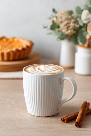 Ceramic cup with latte art is placed on wooden table next to cinnamon sticks and pie, surrounded by greenery, evoking a warm, inviting ambiance. Thanksgiving Dayの素材