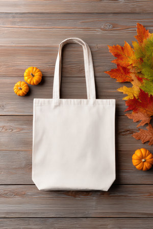 Empty canvas tote bag on rustic wooden background with decorative pumpkins and colorful autumn leaves, perfect for seasonal marketing and creative projects. Thanksgiving Dayの素材