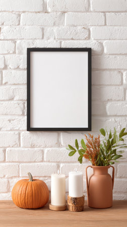 Black frame is displayed on a white brick wall, accompanied by a pumpkin, candles, and a vase of greenery, enhancing a warm autumn ambiance. Thanksgiving Dayの素材