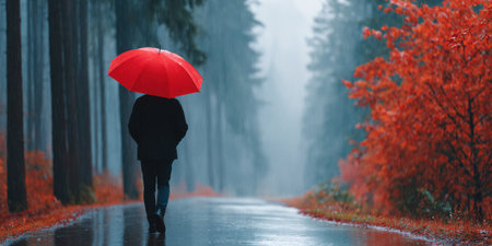 Person walks on a rain-soaked path in a colorful forest, holding a red umbrella, with vivid autumn leaves creating a tranquil and reflective scene. Christmasの素材