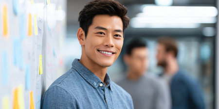 Smiling male professional in blue shirt leans against a wall filled with sticky notes, creating an engaging environment for teamwork and innovation. Christmasの素材