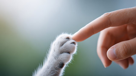 Human finger meets a soft furry paw, showcasing a tender moment of connection and affection, with a calming blurred background enhancing the sceneの素材
