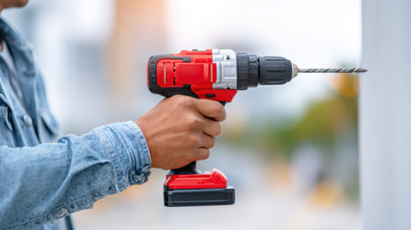 Male construction worker is gripping a red cordless drill, ready to engage in a project outdoors, highlighting tools and the essence of craftsmanshipの素材