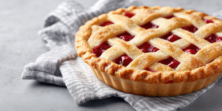 Delicious cherry pie with a golden lattice crust, placed on a textured kitchen towel, highlighting its inviting appearance and mouthwatering fillingの素材