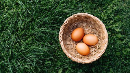 A basket containing three brown eggs is placed on lush green grass, highlighting the connection between nature and fresh organic produce in a tranquil environmentの素材