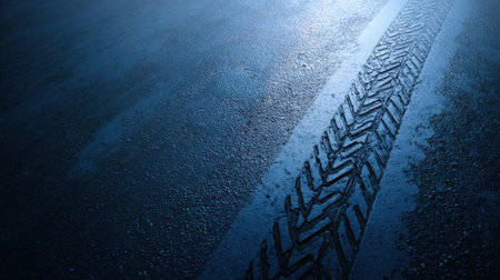 Close-up of wet asphalt road with visible tire tracks, illuminated by soft blue light, creating a moody ambiance and emphasizing the texture of the surfaceの素材